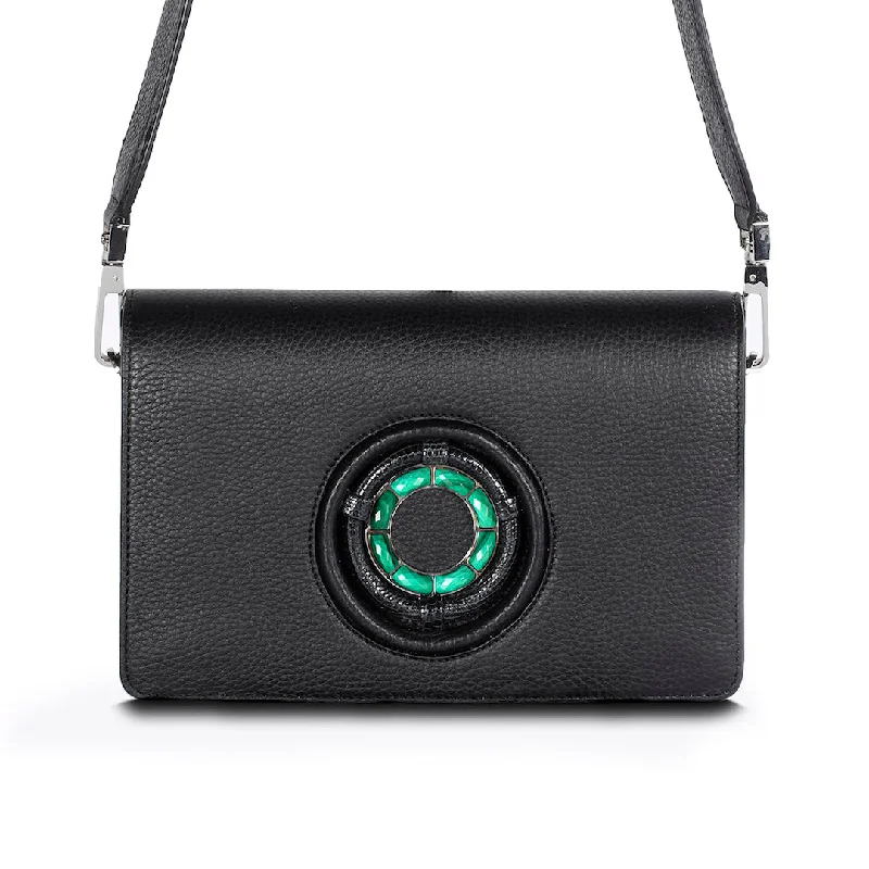 Anna Convertible Crossbody, Black Leather, Malachite