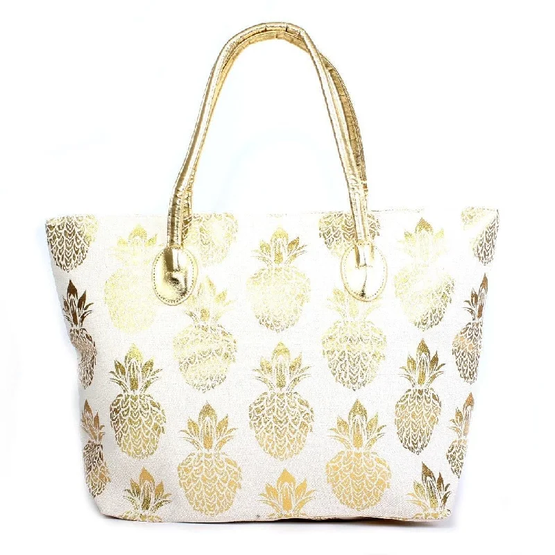 B766  Metal Gold Pineapple Large Beach Tote Bag