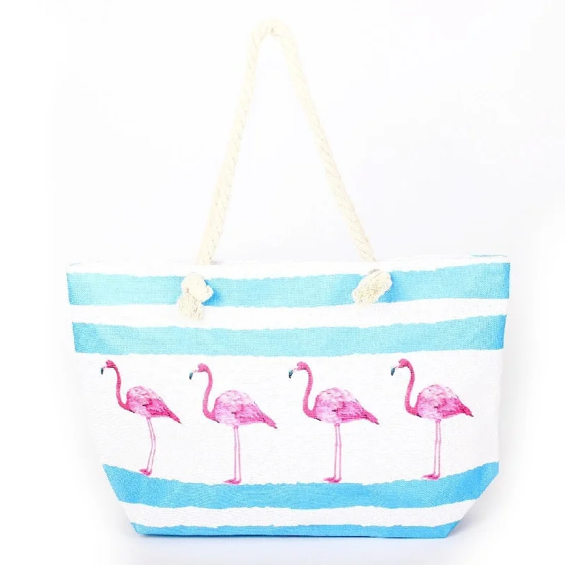 B809 Flamingos Printed Large Beach Tote Bag