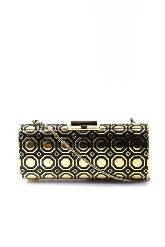 BCBGMAXAZRIA Metal Hexagon Print Push Lock Small Clutch Handbag Gold Black