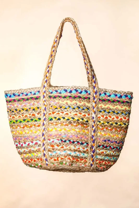 BGAIN48 Boho Striped Straw Braided Tote Bag