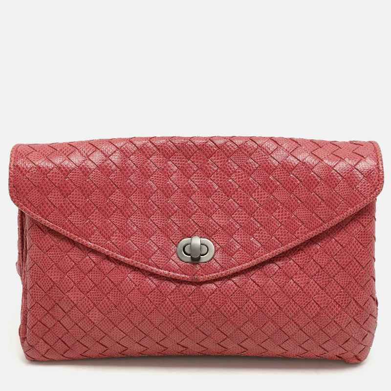 Bottega Veneta Red Intrecciato Karung Leather Clutch