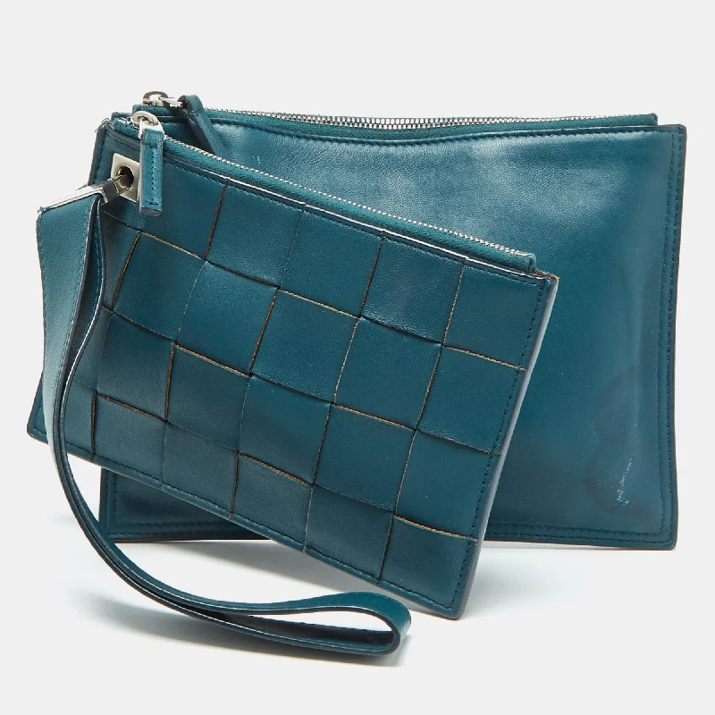 Bottega Veneta Teal Green Leather Double Pouch Clutch