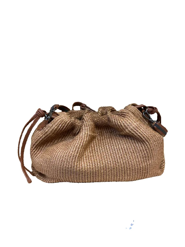 Brunello Cucinelli Women's Crossbody Straw Bag In Farro with Leather Bead Embellishment Lining