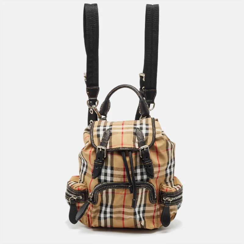 Burberry Beige/black Leather House Check Nylon And Leather Rucksack Backpack