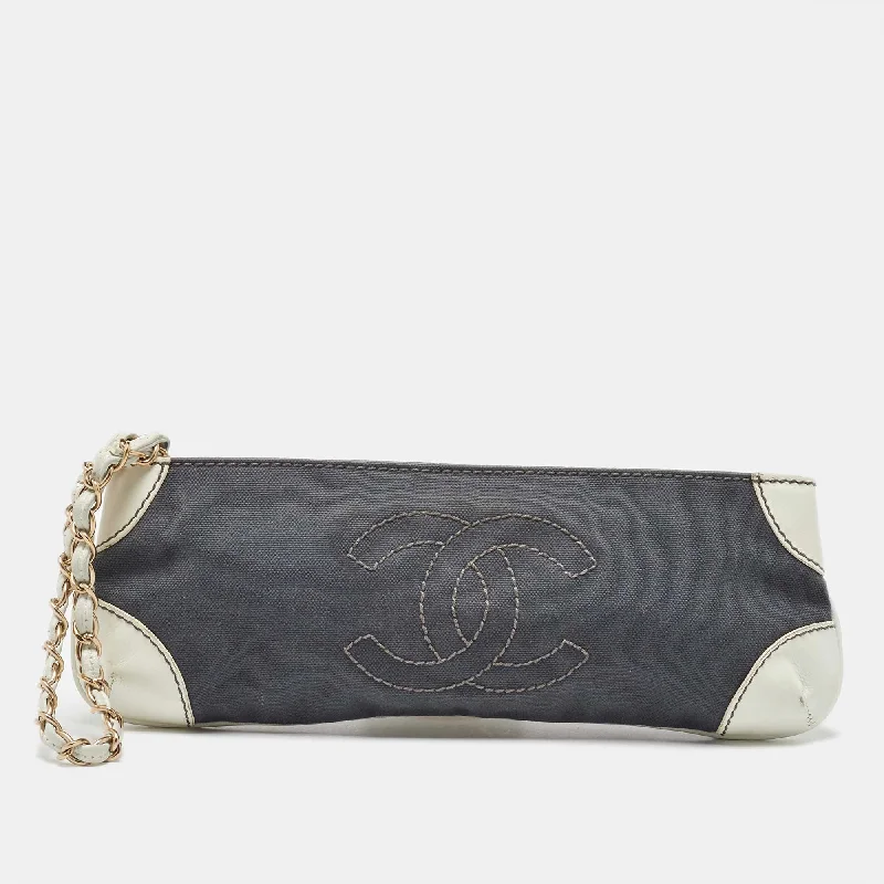 Chanel Grey/white Canvas And Leather Cc Olsen Clutch Bag