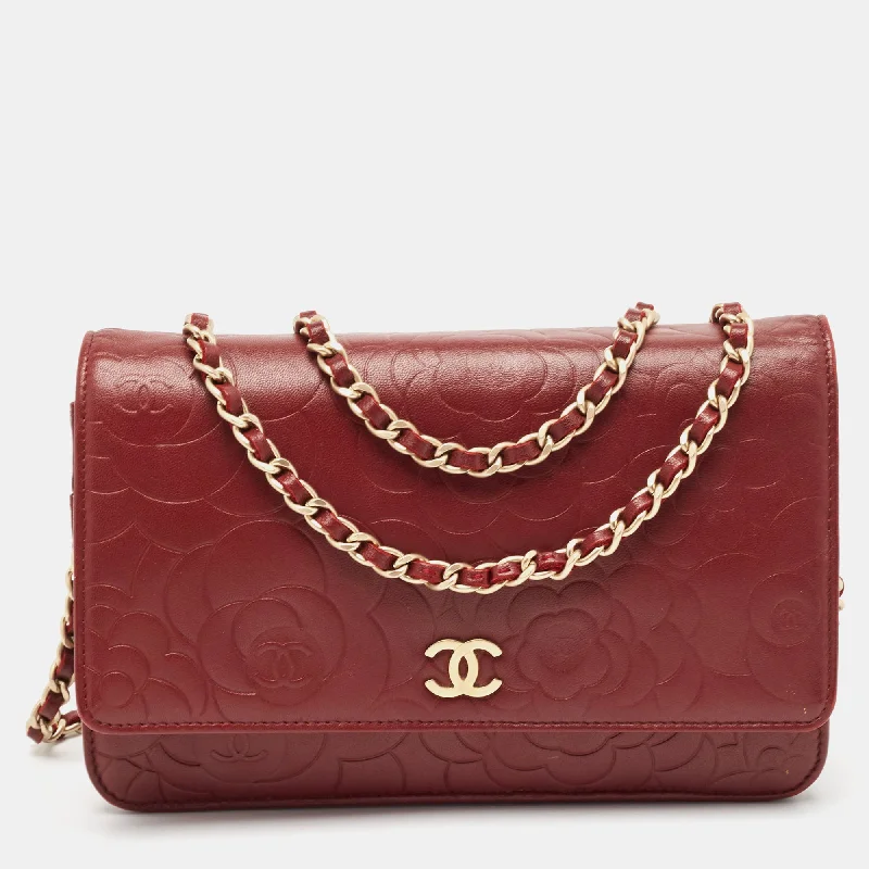 Chanel Red Leather Camellia Woc Clutch Bag