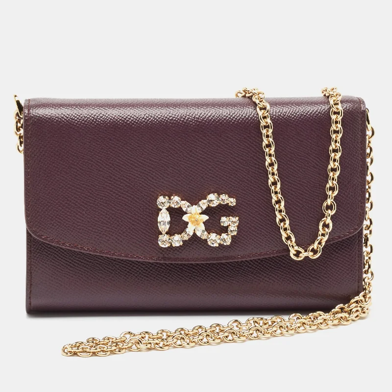 Dolce & Gabbana Purple Leather Crystal Logo Chain Clutch