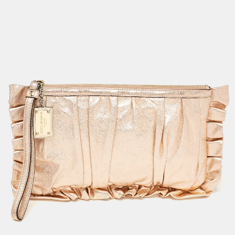 Dolce & Gabbana Rose Gold Leather Ruffle Wristlet Clutch