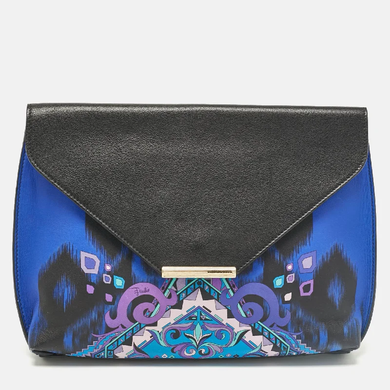 Emilio Pucci Black/blue Newton Print Leather Envelope Clutch