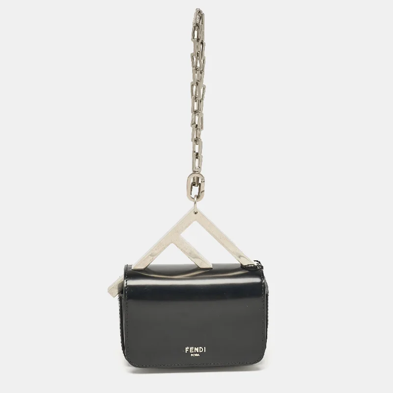 Fendi Black Leather Nano F Chain Clutch