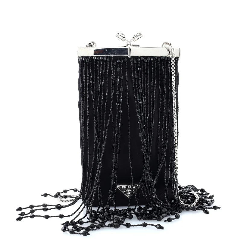 Fringe Frame Chain Clutch Tessuto and Beads Small