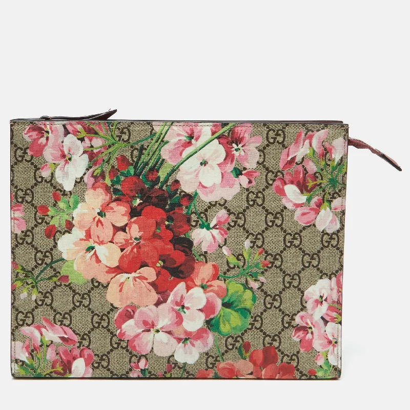 Gucci Beige/pink Gg Supreme Canvas Blooms Print Pouch Clutch