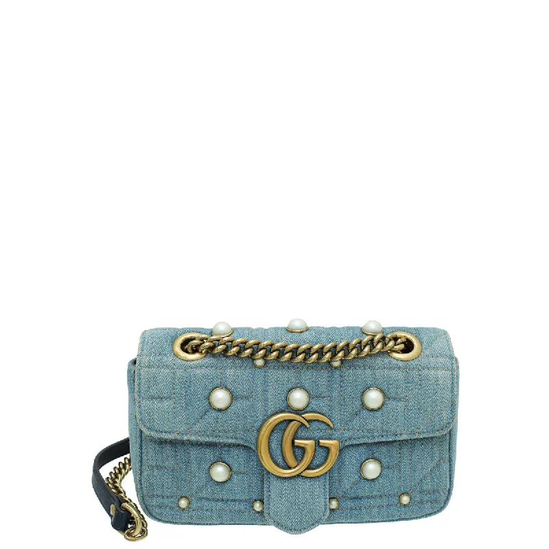 Gucci Gg Denim Marmont Pearl Mini Shoulder Bag