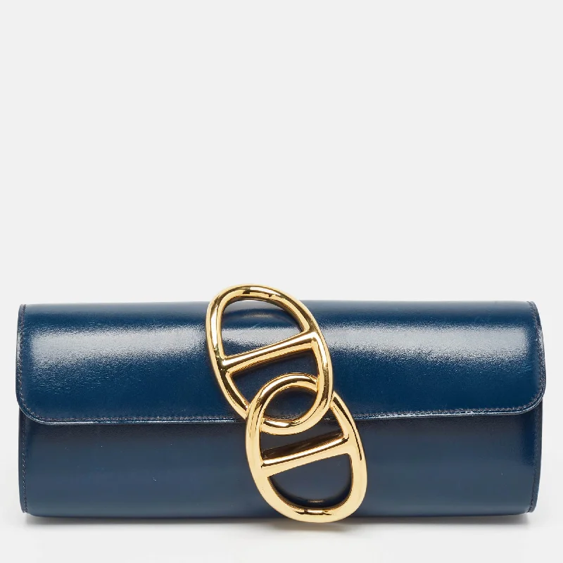 Hermes Bleu De Prusse Tadelakt Leather Egee Clutch