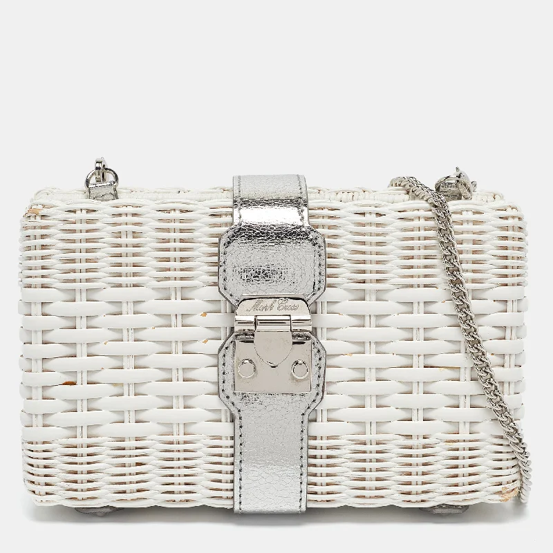 Mark Cross White/siler Woven Rattan And Patent Leather Chain Clutch