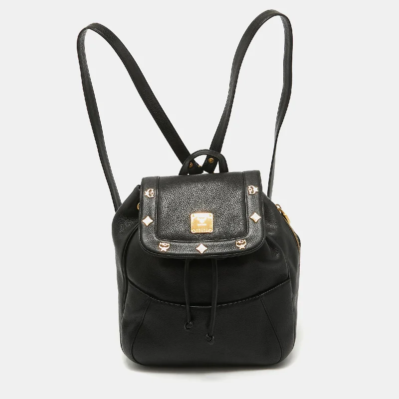 Mcm Black Leather Studded Flap Backpack