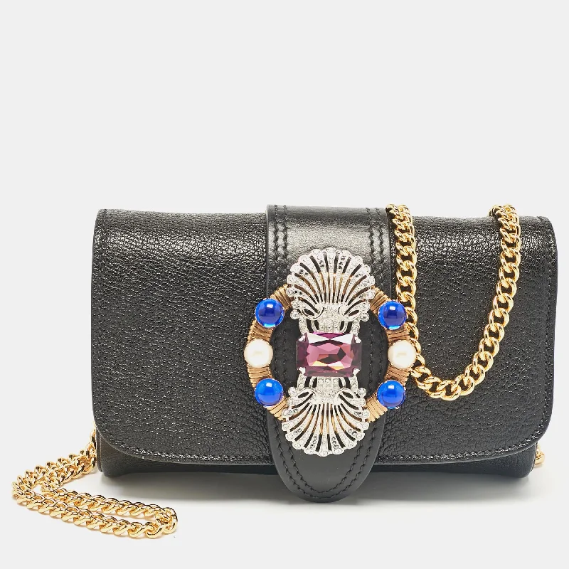 Miu Miu Black Leather Jewel Embellished Buckle Chain Clutch