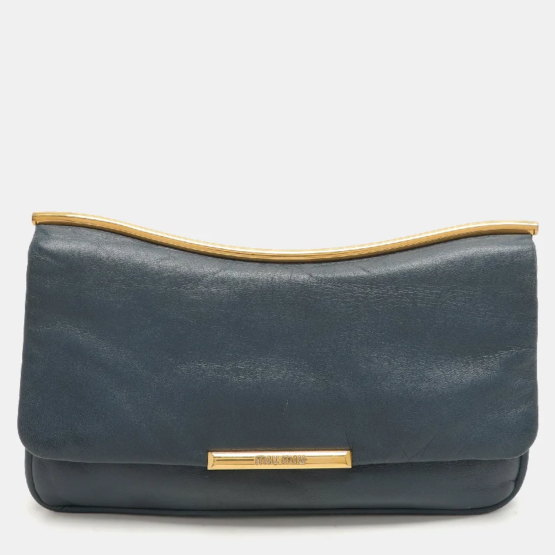 Miu Miu Dusty Blue Leather Flap Frame Clutch