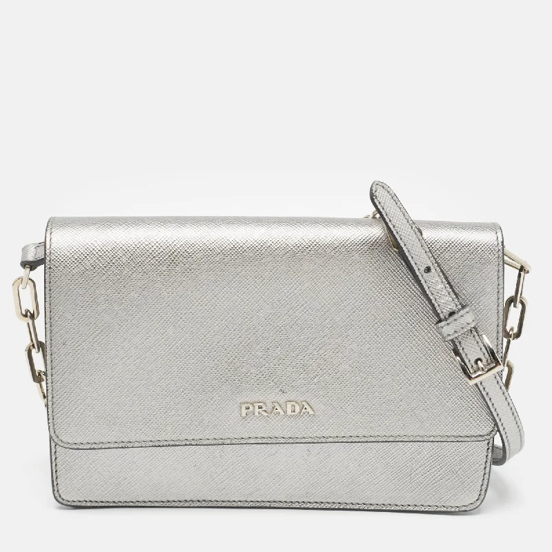 Prada Silver Saffiano Lux Leather Flap Chain Clutch