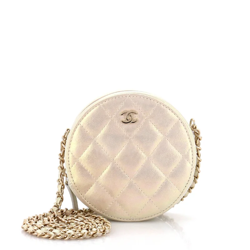 Round Clutch with Chain Quilted Iridescent Lambskin Mini