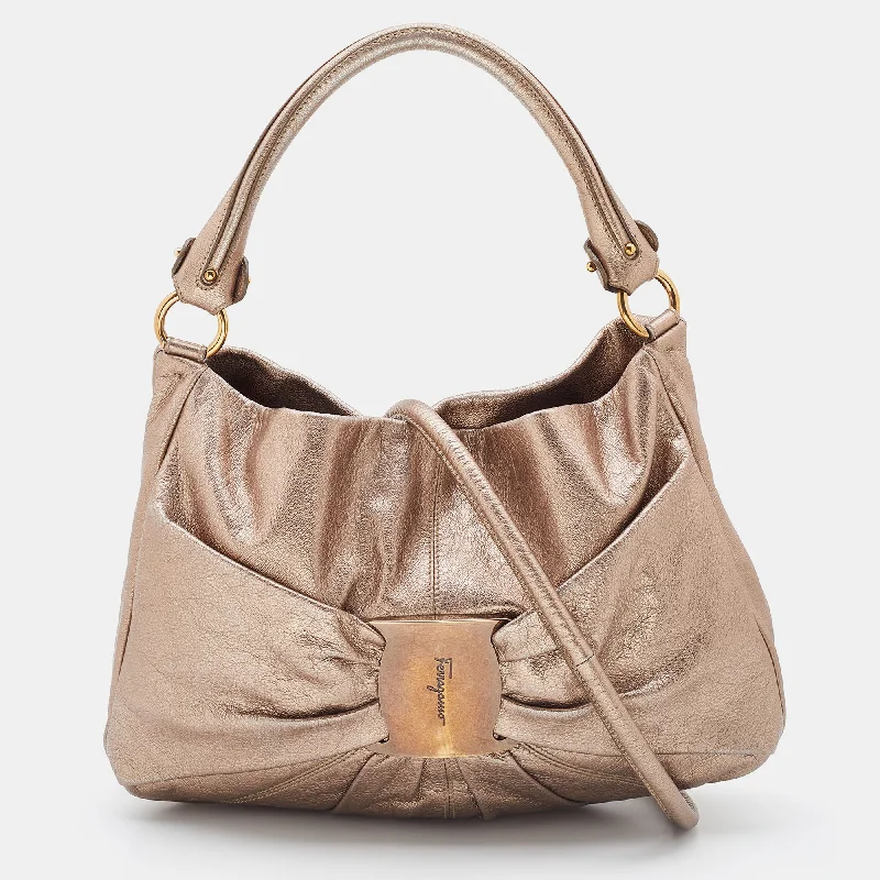 Salvatore Ferragamo Bronze Leather Pleated Bow Hobo