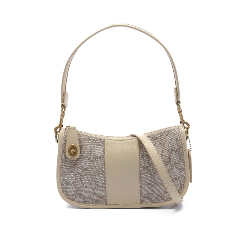 Swinger Bag Signature Jacquard Shoulder Bag Canvas Leather Ivory Beige 2Way