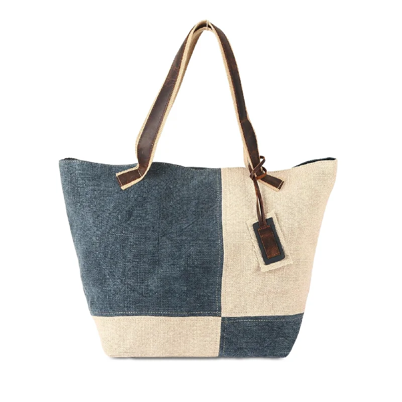 KomalC Tote Bag for Women, Stylish Two-Tone jute & premium leather bag, Ideal for Daily Use, Eco-Friendly Material (Delphinium)