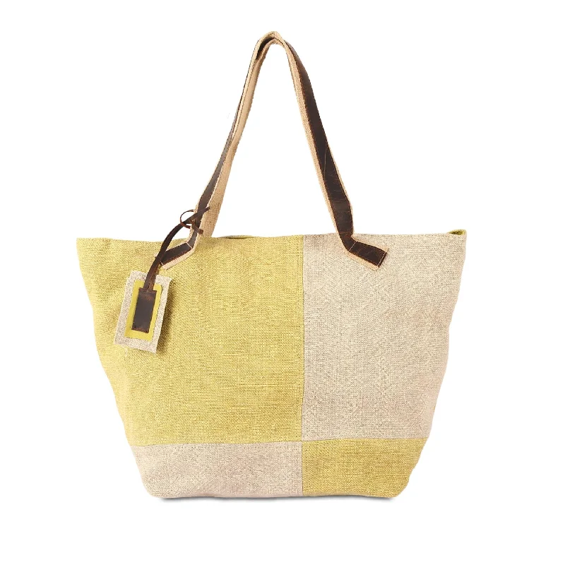 KomalC Tote Bag for Women, Stylish Two-Tone jute & leather bag, Ideal for Daily Use, Eco-Friendly Material and Casual Outings (Sunflower)