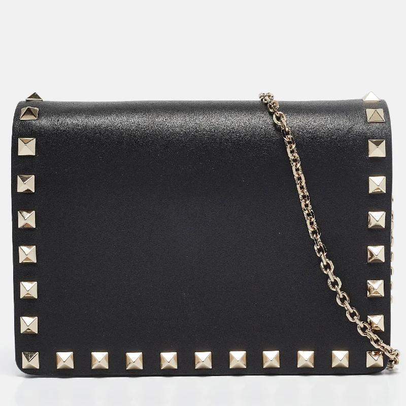 Valentino Black Leather Rockstud Flap Chain Clutch