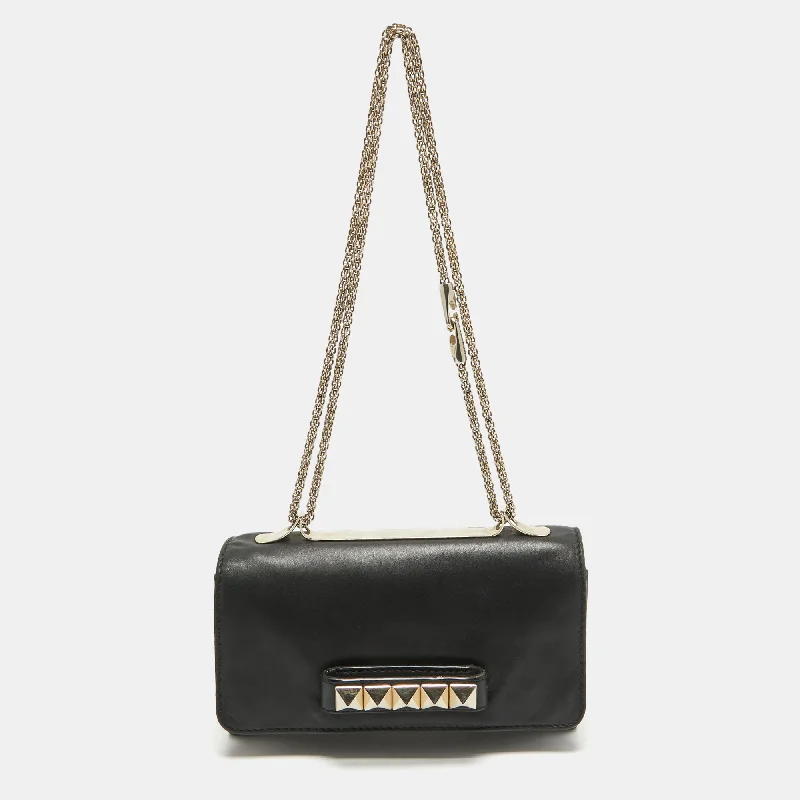 Valentino Black Leather Rockstud Va Va Voom Chain Clutch