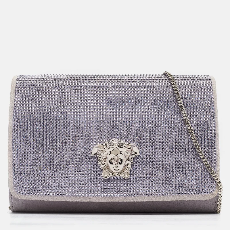 Versace Lavender Suede Crystal Embellished Palazzo Medusa Chain Clutch