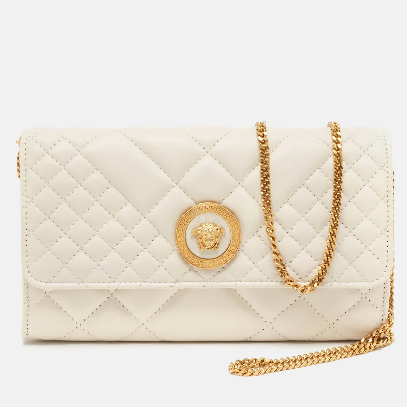 Versace Off White Quilted Leather La Medusa Chain Clutch