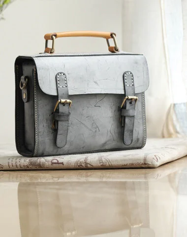 Womens Gray Leather Small Satchel Bag Waxed Leather Cambridge Small Handbag Shoulder Bag Purse for Women