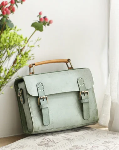 Womens Green Leather Small Satchel Shoulder Bag Waxed Leather Cambridge Small Satchel Handbag Purse for Women