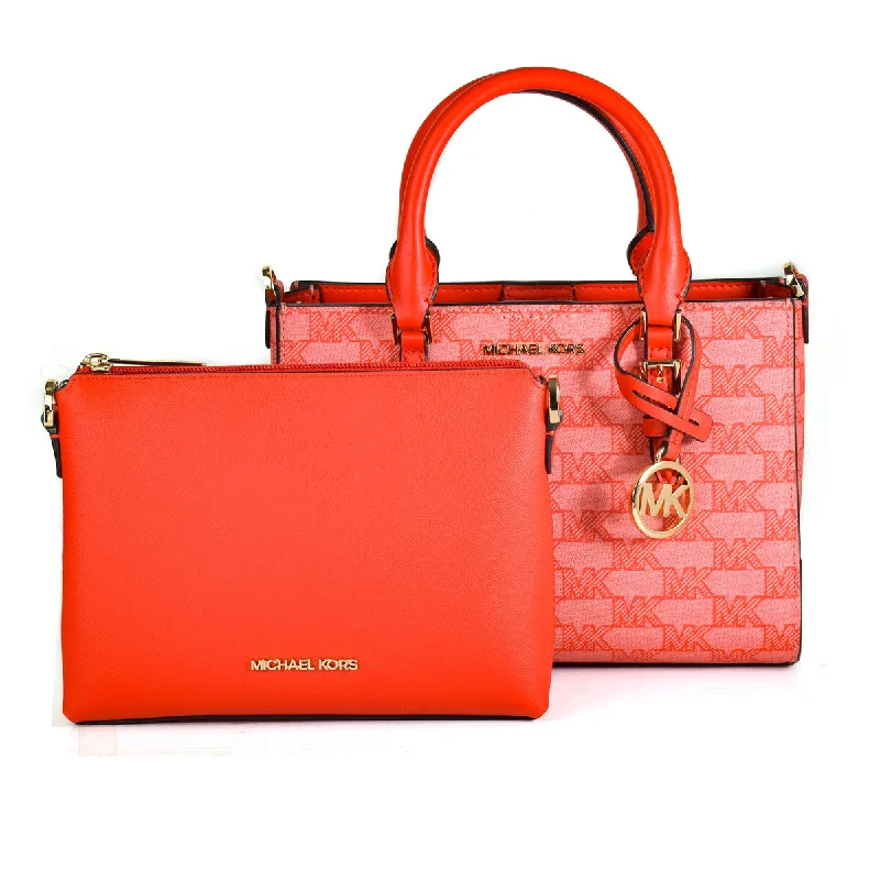 Michael Kors CHARLOTE Satchel Bag with Pouch Logo Print Red 27 x 16 x 10 cm