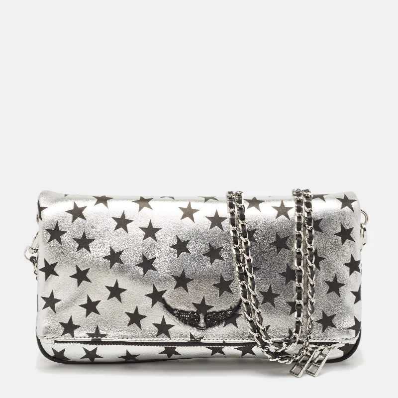 Zadig & Voltaire Silver/black Leather Circus Star Rock Foldover Clutch Bag